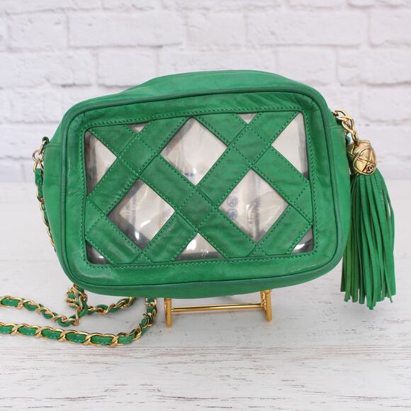 Chanel Vintage PVC Shoulder Bag Green Lambskin Leather Purse A2999 - Picture 5 of 9